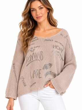 Made in Italy Womens Pink Metallic Graphic Open Knit Oversized Sweater Modal